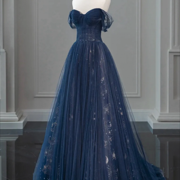 A-Line Off Shoulder Tulle Lace Dark Blue Long Prom Dress, Dark Blue Long Evening Dress