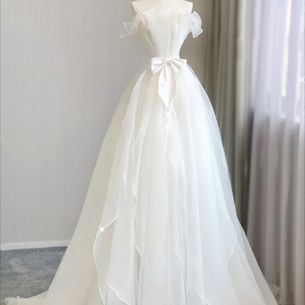 A-Line Organza White Long Prom Dress, White Long Formal Dress