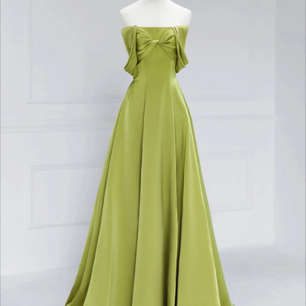 A-Line Satin Off Shoulder Green Long Prom Dress, Green Long Formal Dress