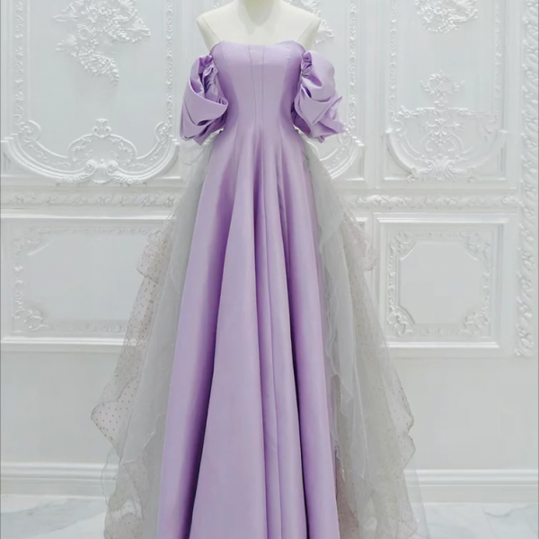 A-Line Satin Tulle Purple Long Prom Dress, Tulle Purple Long Formal Dress
