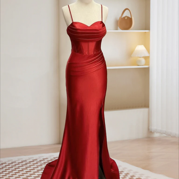 Simple Sweetheart Neck Satin Mermaid Burgundy Long Prom Dress, Burgundy Evening Dress