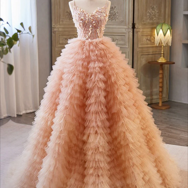 Unique V Neck Tulle Sequin Orange Pink Long Prom Dress, Orange Pink Sweet 16 Dress