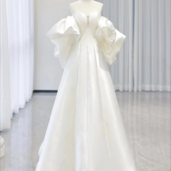 White A-Line Satin Long Prom Dress, White Satin Long Formal Dress