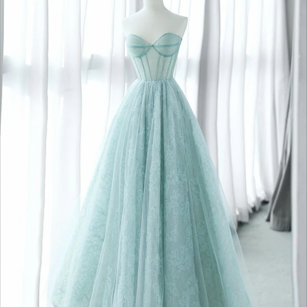 A-Line Sweetheart Neck Tulle Lace Blue Long Prom Dress, Blue Long Formal Dress