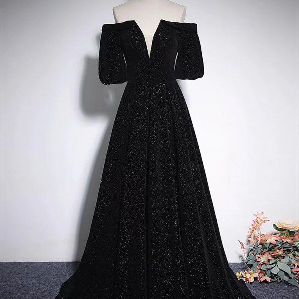 A-Line V Neck Velvet Black Long Prom Dress, Black Formal Evening Dress