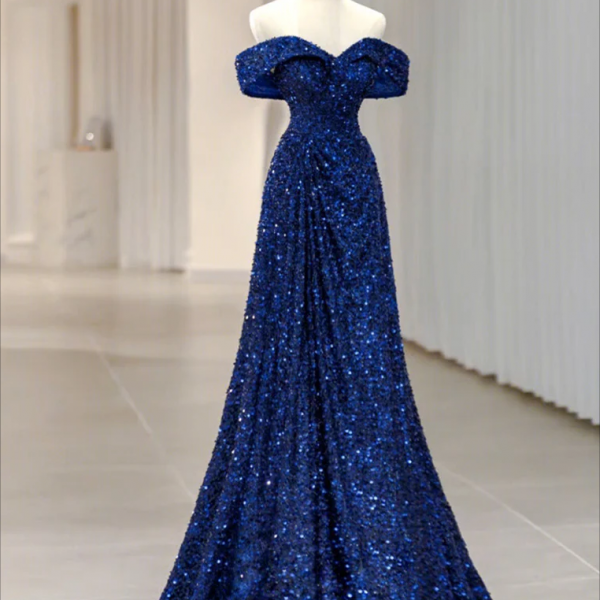 Blue Velvet Sequin Long Prom Dress, Blue Formal Dress