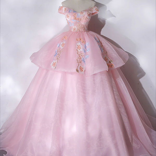 A-Line Off Shoulder Organza Lace Pink Long Prom Dress. Pink Sweet Dress