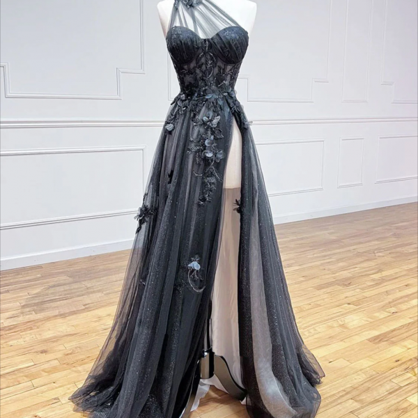 A-Line One Shoulder Tulle Black Long Prom Dress, Black Formal Evening Dress