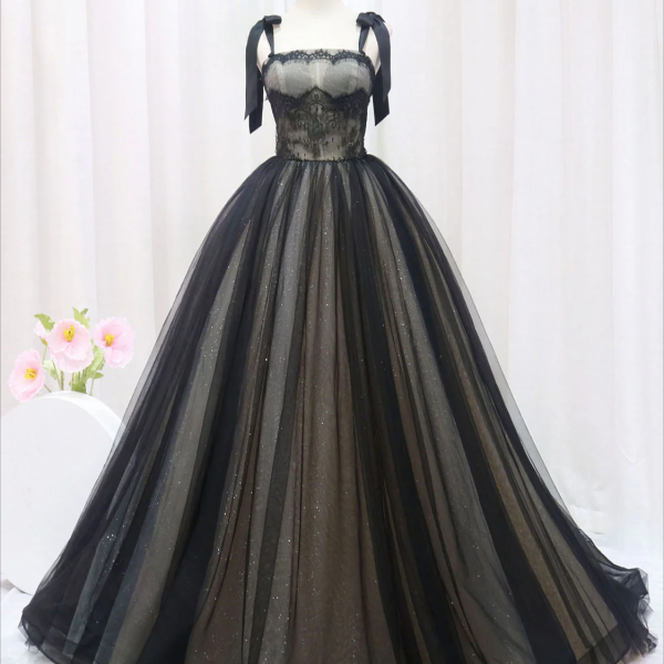 Black A-Line Tulle Long Prom Dresses, Black Tulle Formal Evening Dress