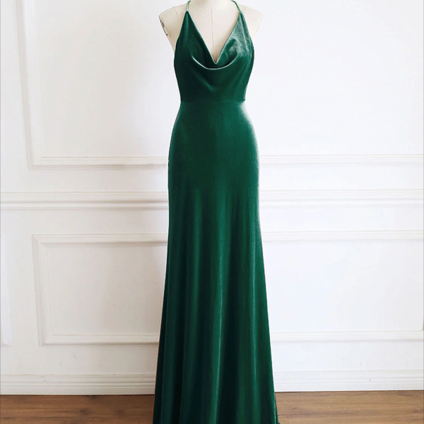 Green Mermaid Velvet Long Prom Dress, Green Formal Evening Dresses