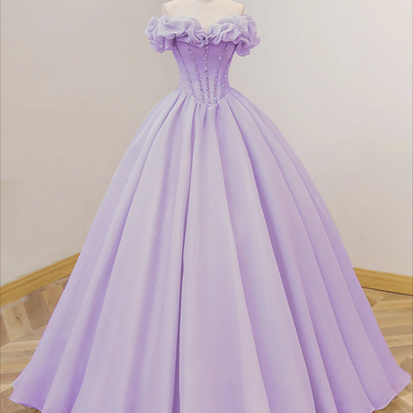 Purple A-Line Off Shoulder Long Prom Dresses, Purple Sweet Dress