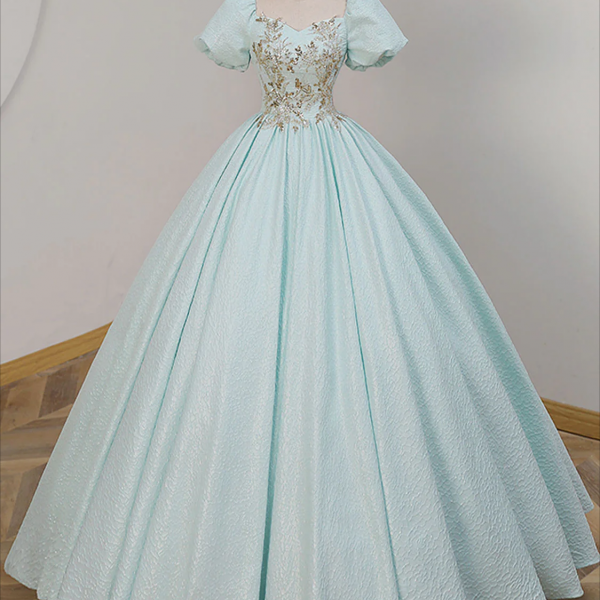 Unique A-LIne Satin Lace Long Prom Dresses, Blue Satin Sweet Dresses