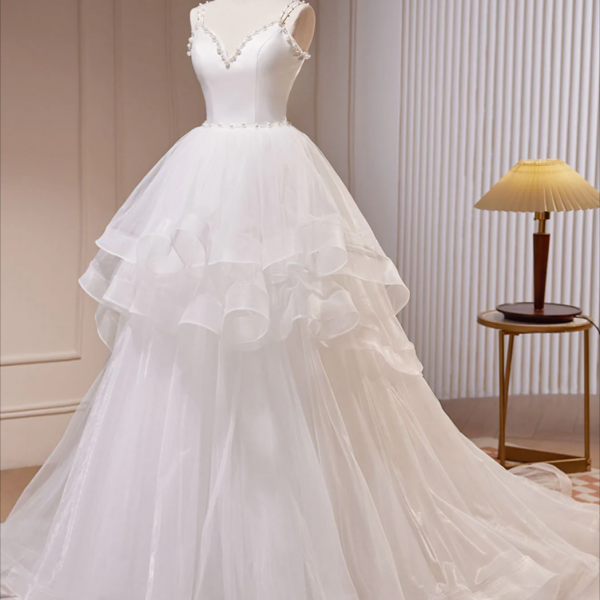 White A-Line Tulle Long Prom Dress, White Tulle Sweet 16 Dresses