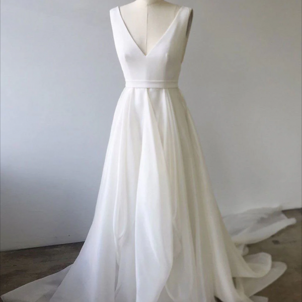 Simple white v neck satin long prom dress white evening dress   cg13929