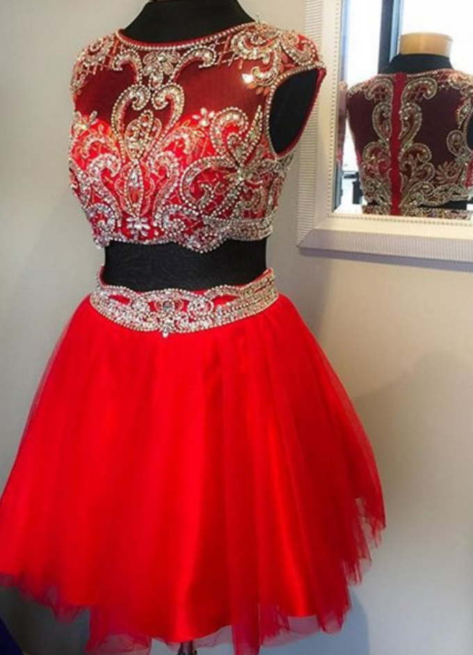 Red Two Piece Prom Dresses With Beaded Waistline, Illusion Beaded Prom ...