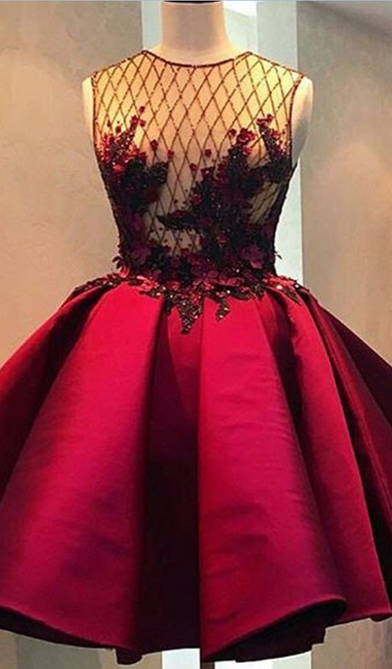 Short Burgundy Prom Dresses Beading O Neck Sleeveless Knee Length Party