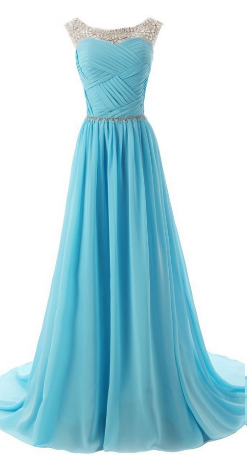Scoop Neck Long Chiffon Prom Dresses Crystals Women Party Dresses on Luulla