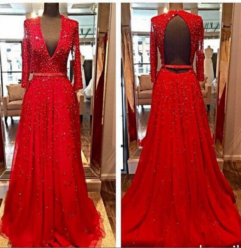 Design Elegant Red Long Sleeves Evening Dresses, Beads Sequins Vneck