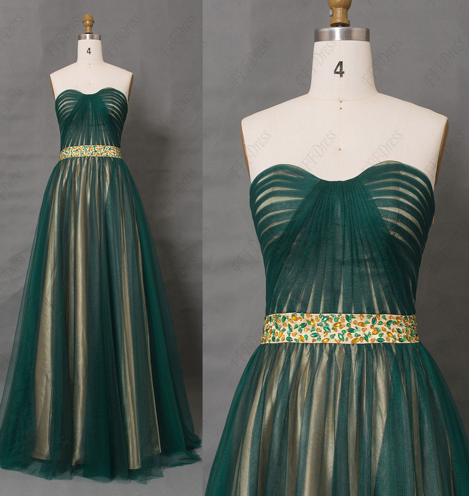 Dark Green Two Tone Long Prom Dresses, With Crystal Beadings Formal
