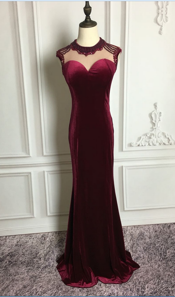 Elegant Burgundy Velvet Beaded Mermaid Style Party Dresses, Prom ...