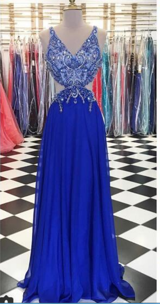 Prom Dresses ,royal Blue A Line Chiffon Prom Dresses V Neck Beading ...