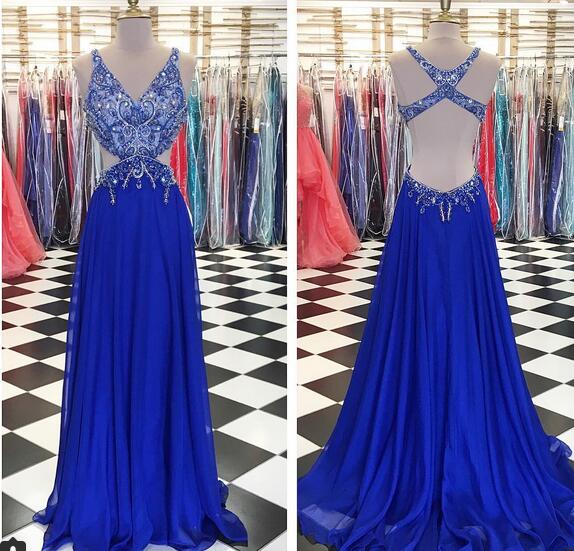 Prom Dresses ,royal Blue A Line Chiffon Prom Dresses V Neck Beading ...