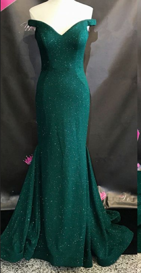 Dark Green Sparkly Off-the-shoulder Mermaid Long Prom Dress, Evening ...