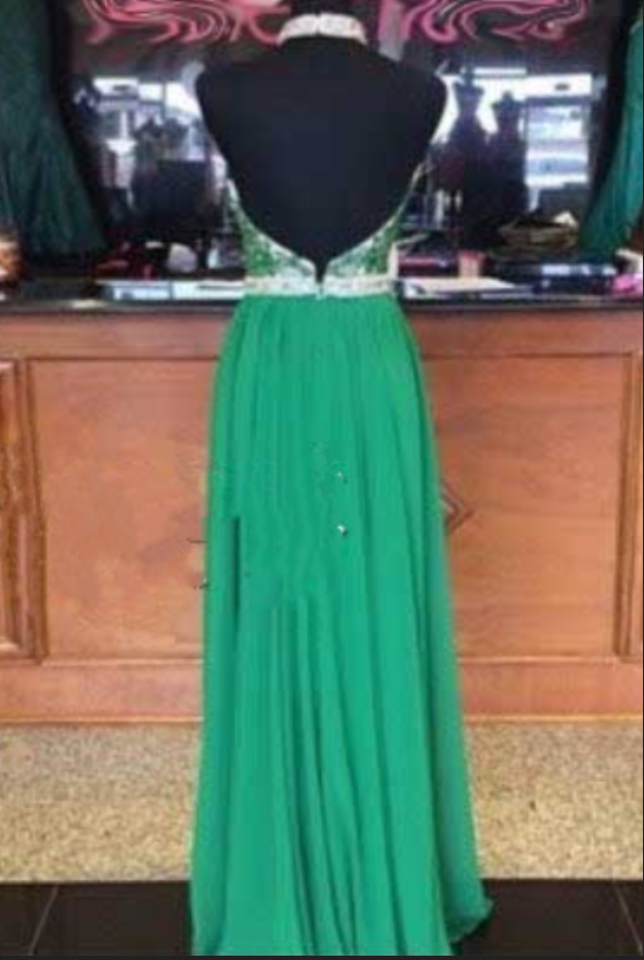Dark Green Halter Prom Dress Sleeveless Pleated with Rhinestone