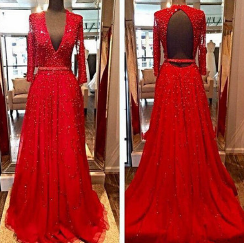 Red V-Neck Charming Custom Made Long Prom Dress,Evening Dress,Prom ...