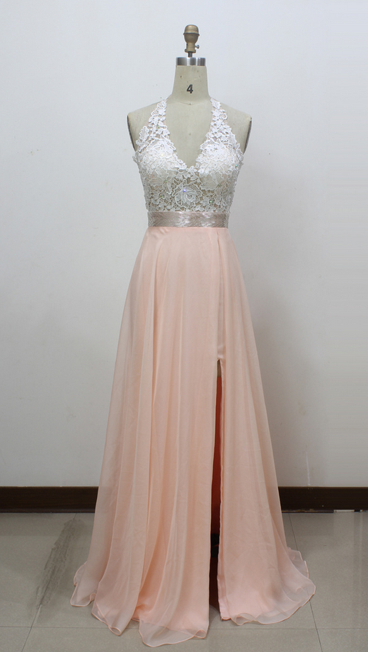 A-line V-neck Chiffon Long Prom Dress With Side Slit And Halter Lace ...