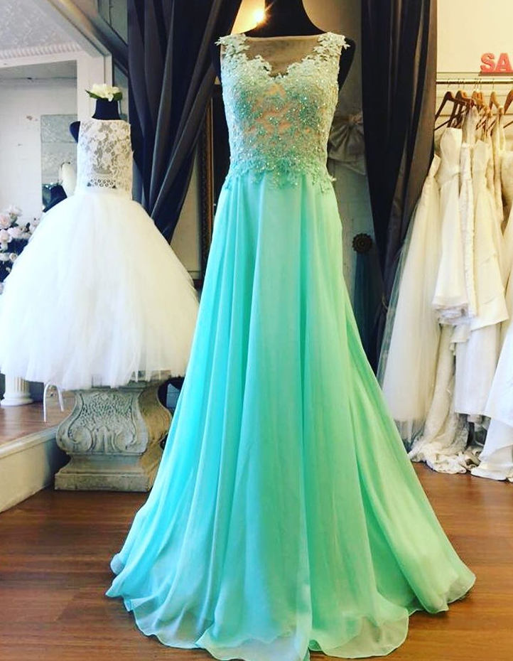 Elegant Mint Green Chiffon Prom Dress – Sheer Back Lace Evening Gown For Women, US Size 6 9 thumbnail image
