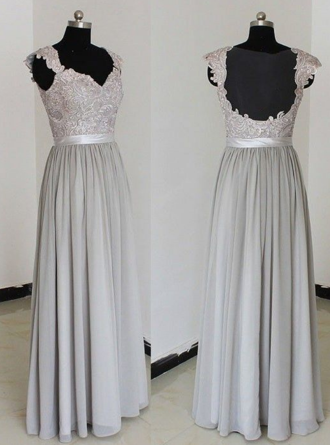 Chiffon Appliques Pleats Gray V Neck Prom Dress main image 1