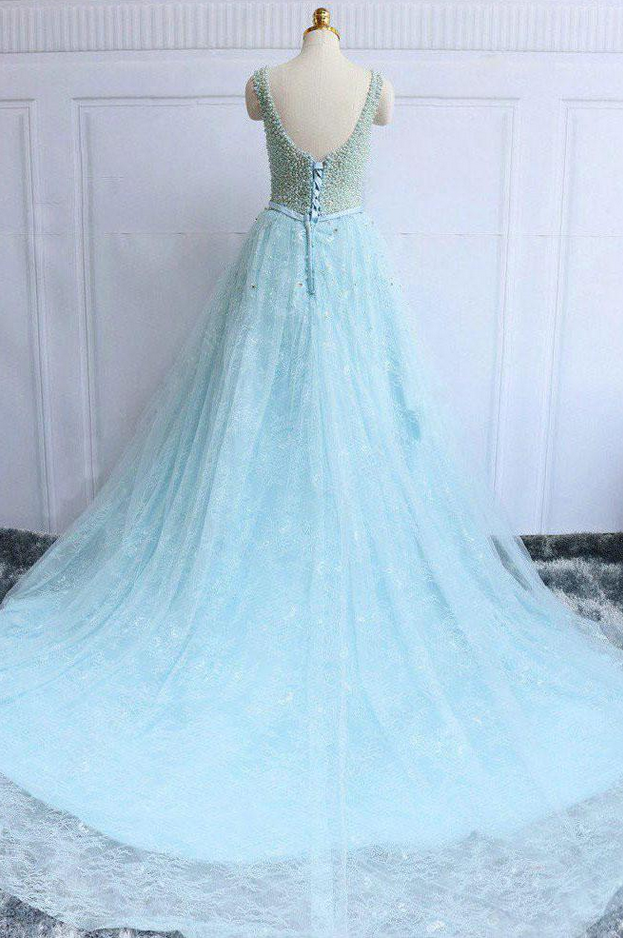 Light blue round neck lace tulle long prom dress blue evening dress   cg17612 main image 0