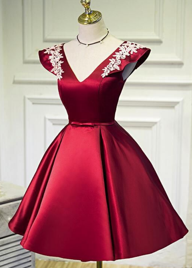 Wine Red Cap Sleeves Short Party Dresses, Satin Formal Dresses, Cute
