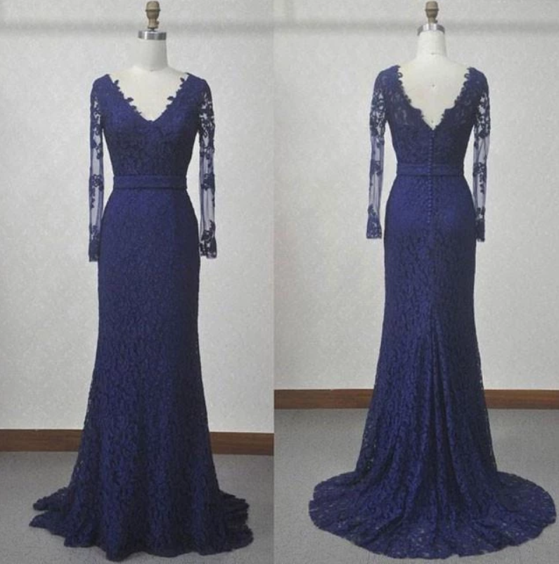 Navy Blue Lace Mermaid Long Sleeves Open Back Floor-length Prom Dresses ...