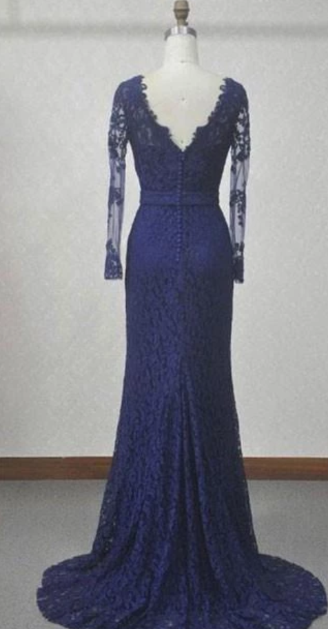 Navy Blue Lace Mermaid Long Sleeves Open Back Floor-length Prom Dresses ...