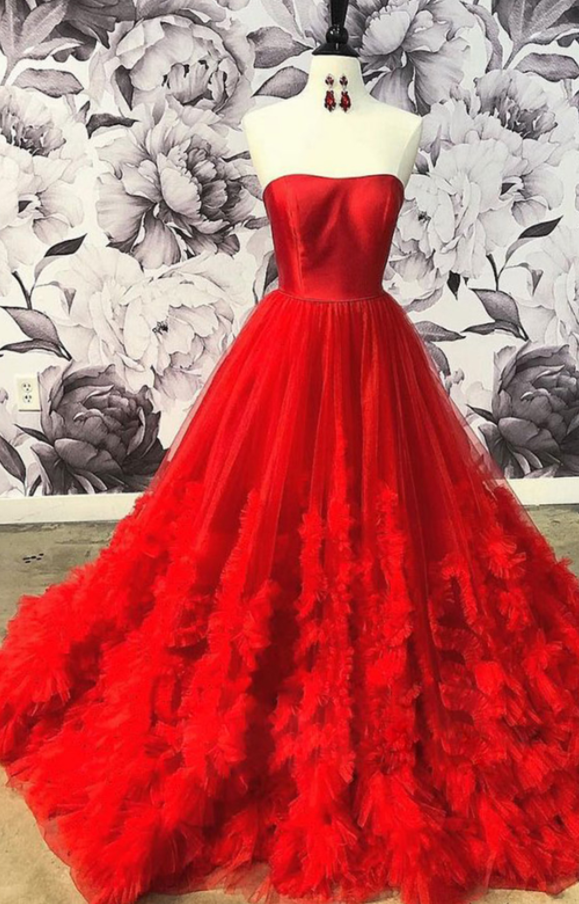 Red Tulle Strapless Long Ruffles Sweet Prom Dress, Red Evening Dress on ...