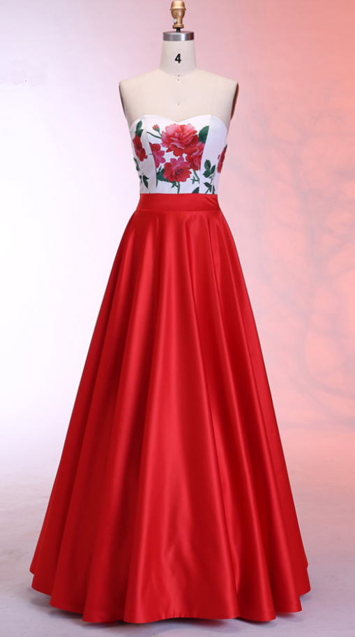 Red Satin Strapless Long A Line Floral Evening Dress, Prom Dress on Luulla