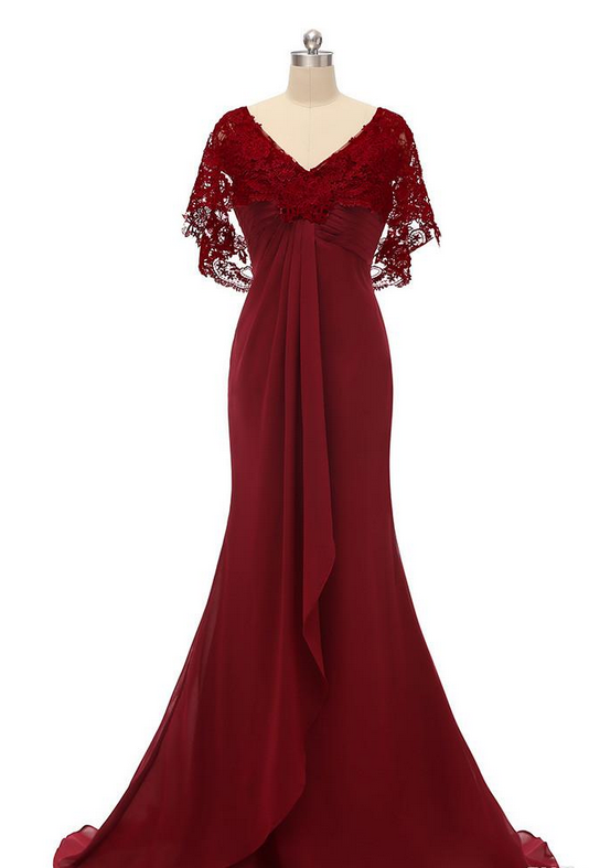FuLL Length Lace and Chiffon Dresses Burgundy