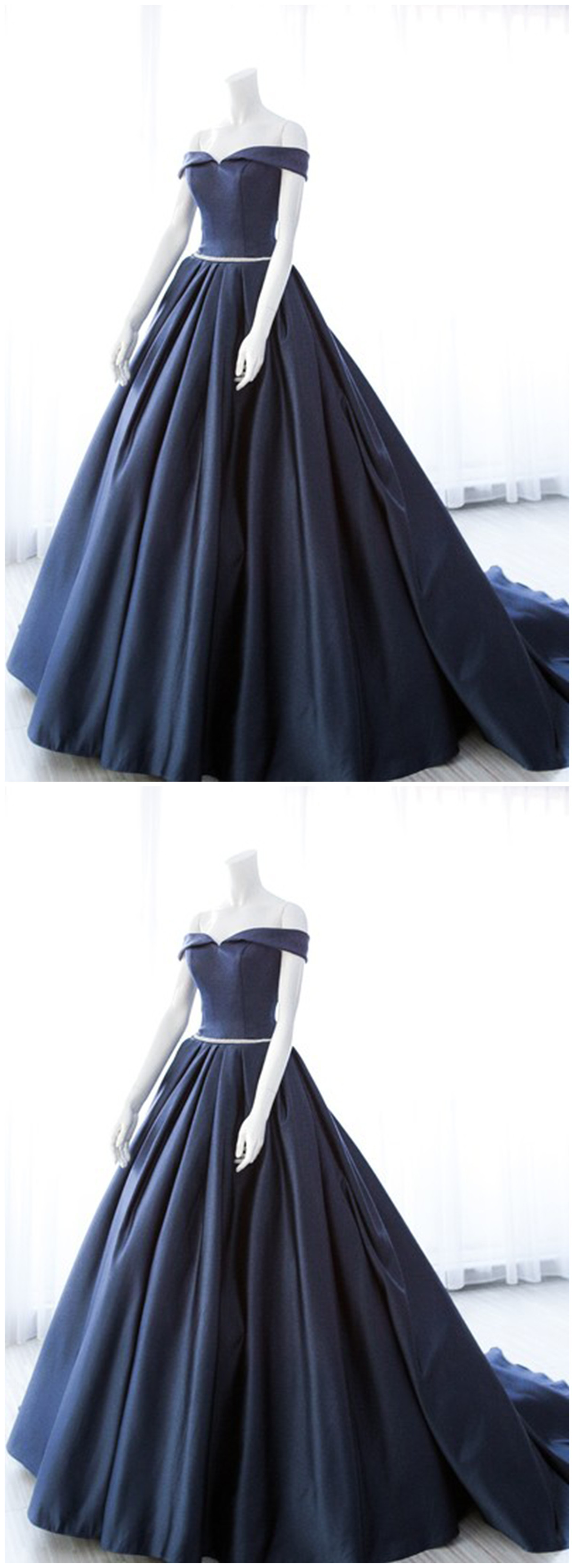 Unique Off Shoulder Navy Blue Satin Full Length Customize Prom Dress ...