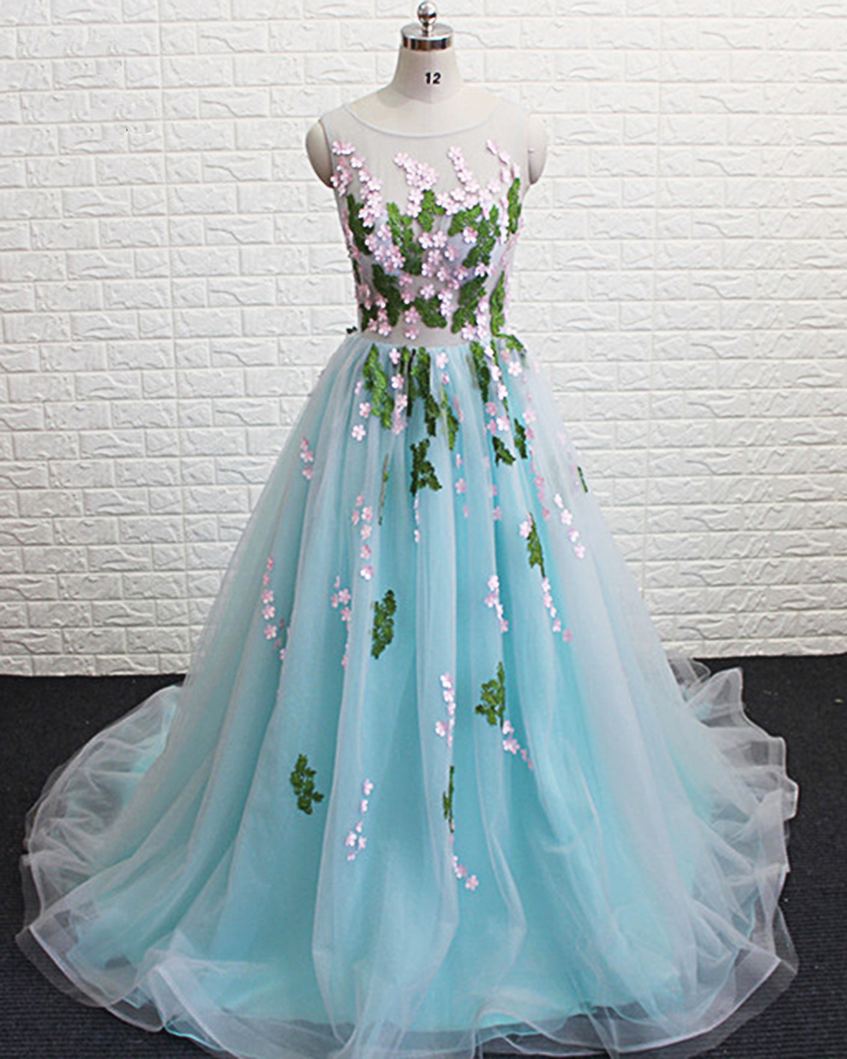 Light Blue Tulle Puffy Long Colorful Flower Applique Sweet 16 Prom Dress, Evening Dress on Luulla