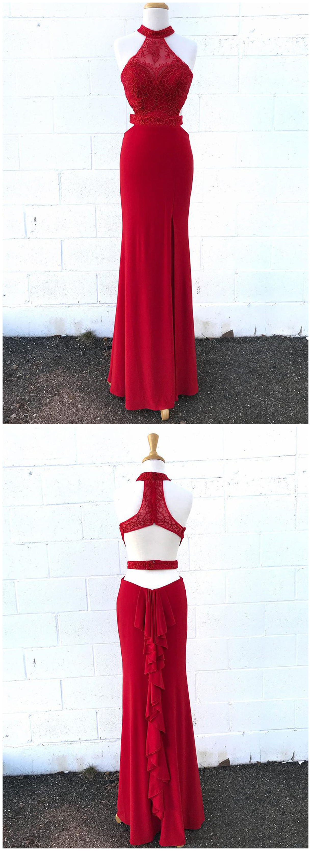 Red Lace High Neck Open Back Long Side Slit Evening Dress, Lace Prom ...