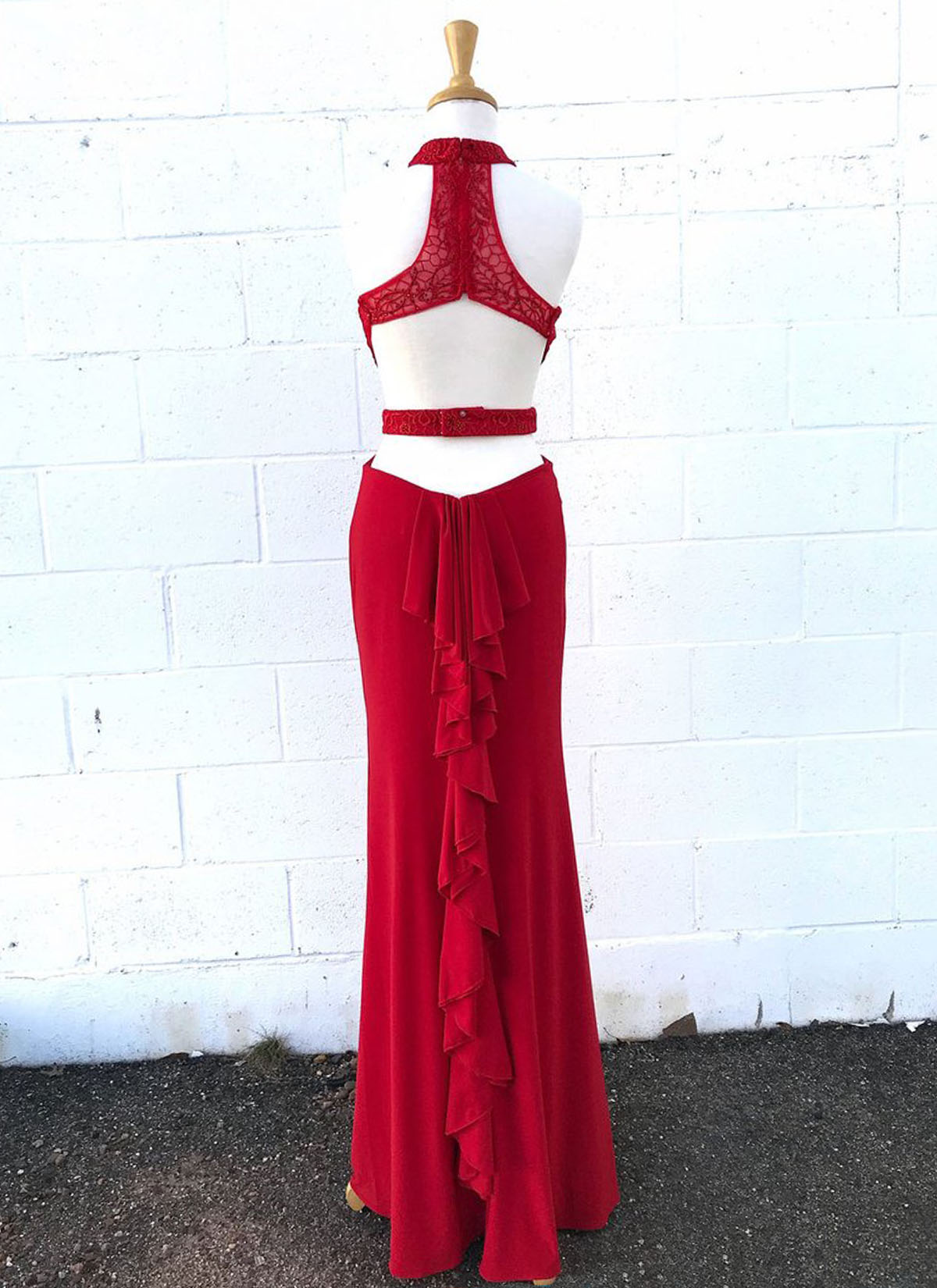 Red Lace High Neck Open Back Long Side Slit Evening Dress, Lace Prom ...