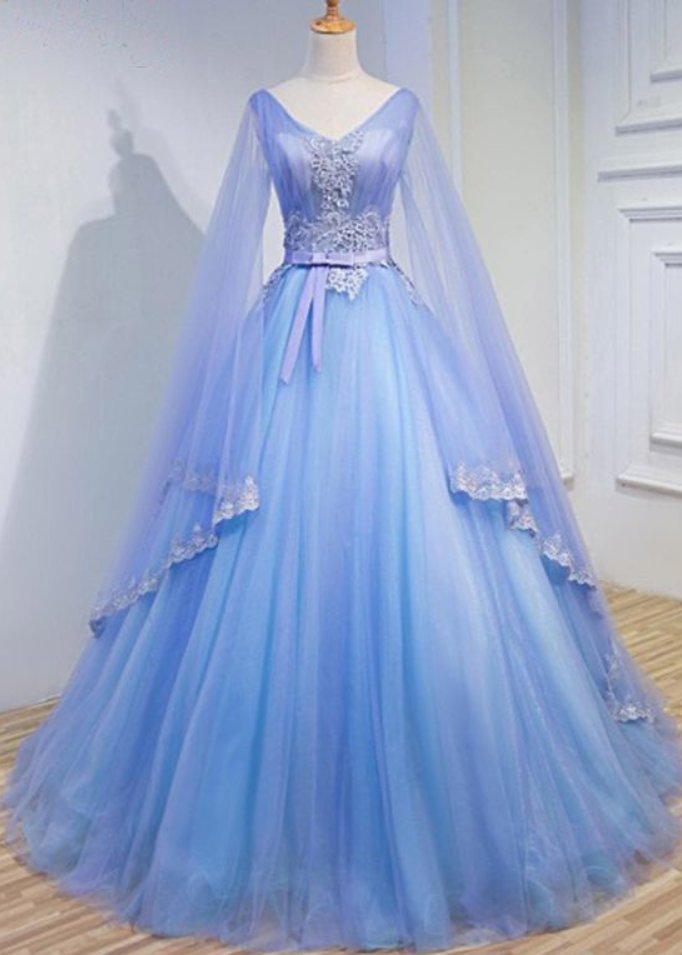 Light Blue Tulle V Neck Long Sleeve Lace Applique Prom Dress For Teen ...