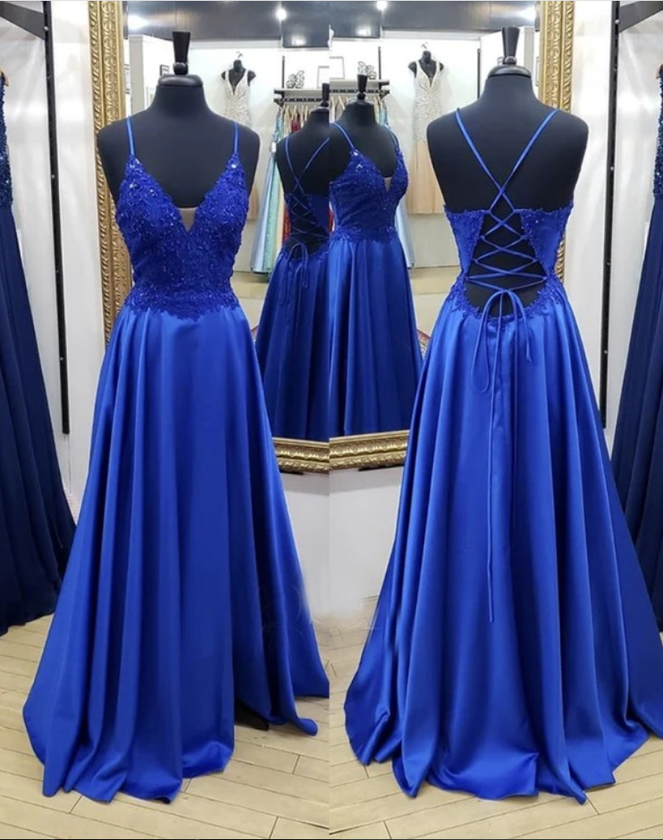 Royal Blue Satin Lace Long A Line Prom Dress, Women Party Dresses 2021