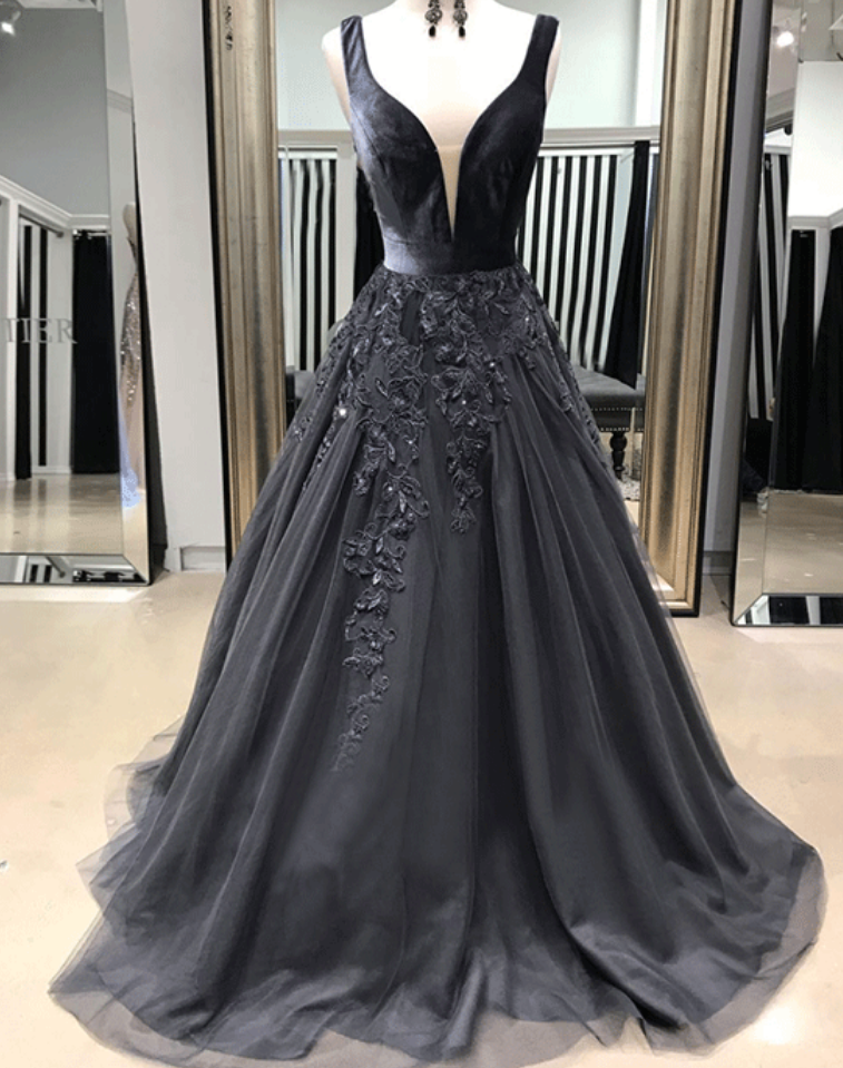 Elegant V-neck Long Prom Dresses Applique Evening Dresses A-line Formal ...