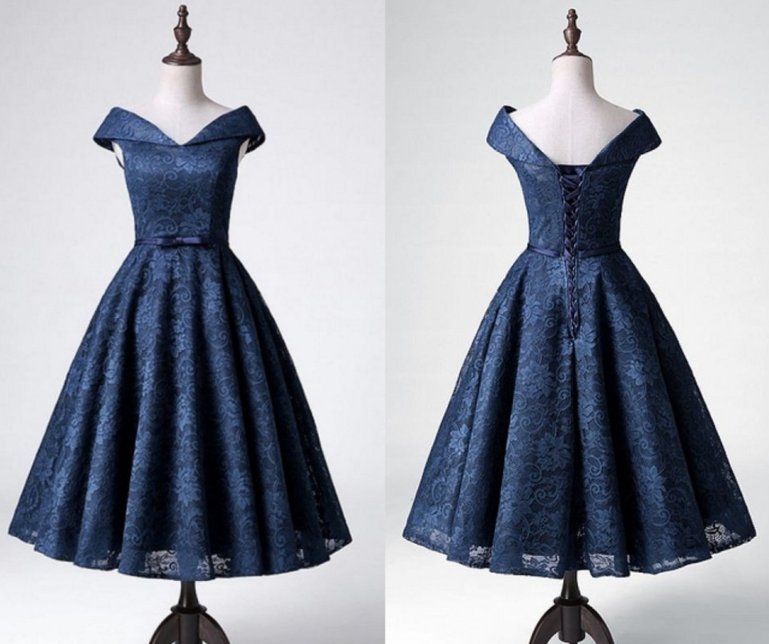 Off The Shoulder Navy Blue Lace Party Dress on Luulla