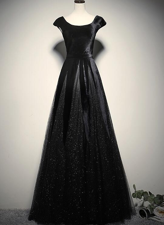 Elegant Black Velvet Cap Sleeves Evening Dress, Black Prom Dress on Luulla