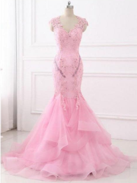 Chic Trumpet/Mermaid Pink Prom Dresses With Lace Beading Prom Dress ...
