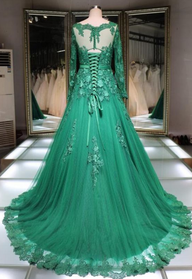 Lace Boat Neck Floor Length Handmade Formal Evening Dress With Long Sleeve on Luulla